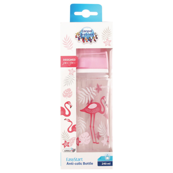 Canpol Babies butelka szerokootworowa antykolkowa EasyStart Flaming 240 ml JUNGLE 35/227 koralowa