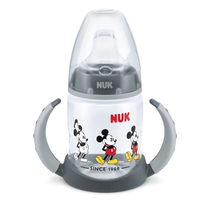 NUK FC Butelka First Choice DISNEY Myszka Miki 150 ml z podwójnym uchwytem, silikonowy ustnik niekapek od 6m., szara 743829