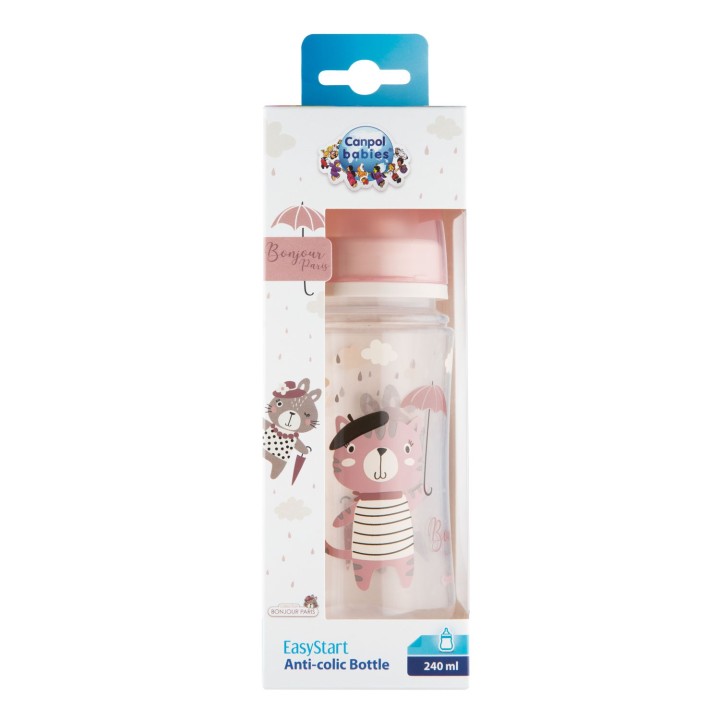 CANPOL BABIES Butelka szeroka antykolkowa 240ml PP EasyStart BONJOUR PARIS 35/232 róż