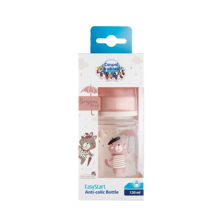CANPOL BABIES Butelka szeroka antykolkowa 120ml PP EasyStart BONJOUR PARIS 35/231 róż