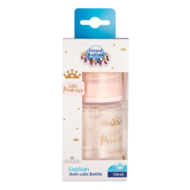 CANPOL BABIES Butelka szeroka antykolkowa 120ml PP EasyStart ROYAL BABY róż 35/233