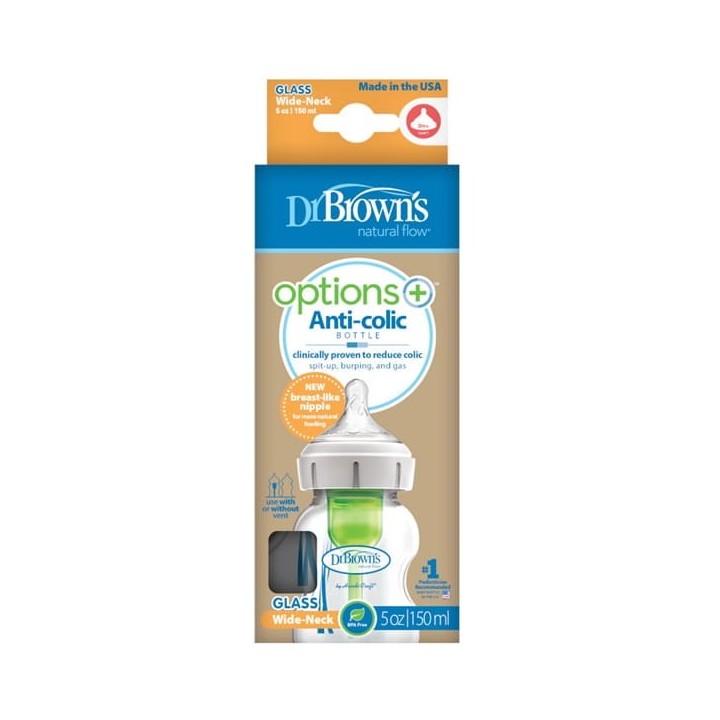Dr Brown's Butelka szklana OPTIONS+ szeroka szyjka 150 ml ze smoczkiem poz 1