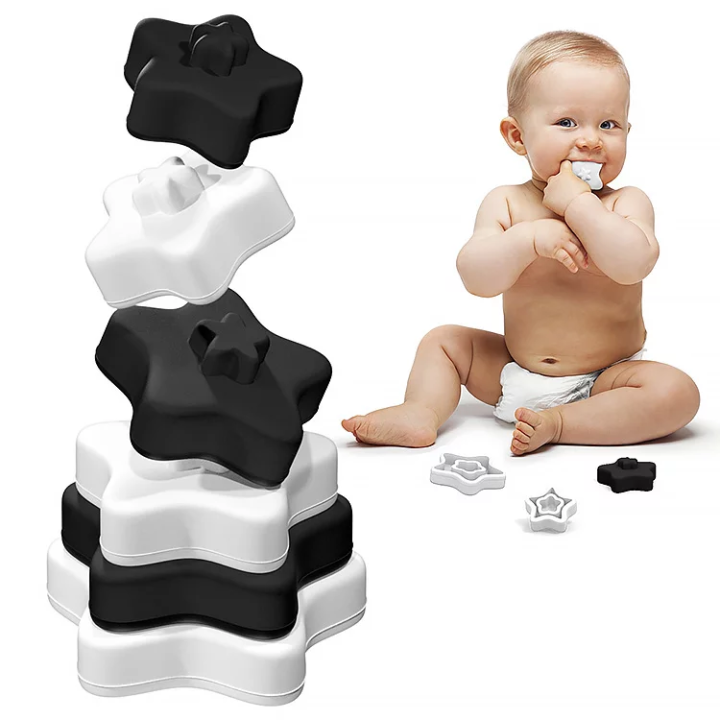 BABY IN WORLD Wieża Silikonowa Sensoryczna Gwiazdy Black and White