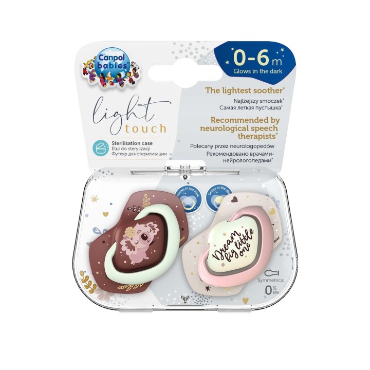 CANPOL BABIES Smoczek silikonowy symetryczny świecący w ciemności SLEEPY KOALA  pink 2 sztuki