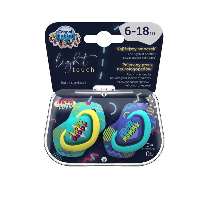 CANPOL BABIES Smoczek uspokajający silikonowy symetryczny NEON LOVE blue 2sztuki