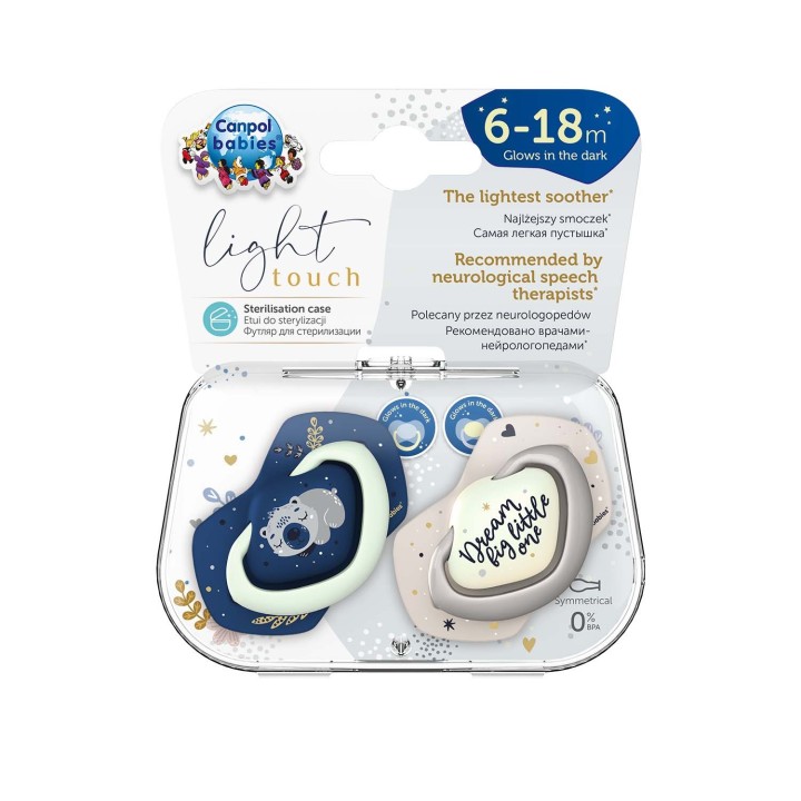 CANPOL BABIES Smoczek silikonowy symetryczny świecący w ciemności SLEEPY KOALA  blue 2 sztuki