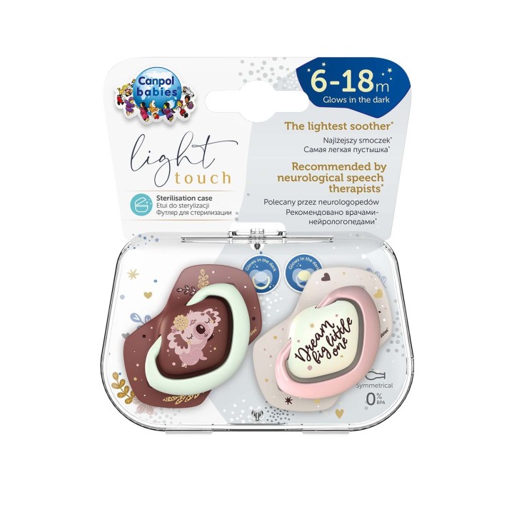 CANPOL BABIES Smoczek silikonowy symetryczny świecący w ciemności SLEEPY KOALA  pink 2 sztuki