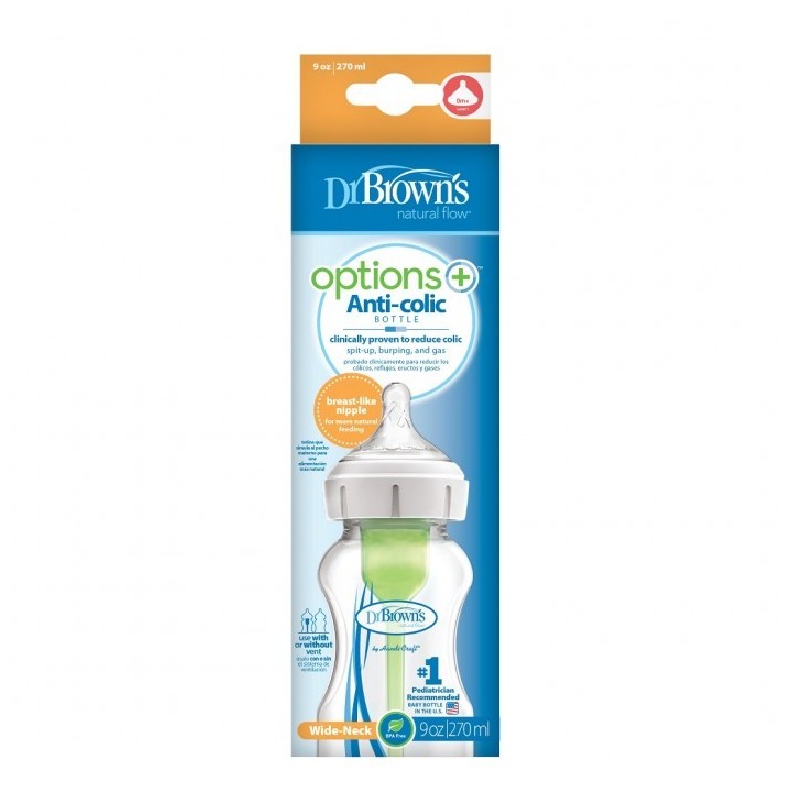 Dr Brown's Options+, butelka antykolkowa, szeroka szyjka, ze smoczkiem, 0-3 miesiące, 270 ml
