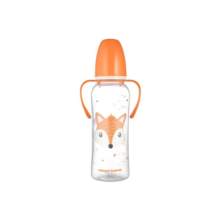 CANPOL BABIES But.250ml wąska z uchwytem CUTE ANIMALS orange 11/845