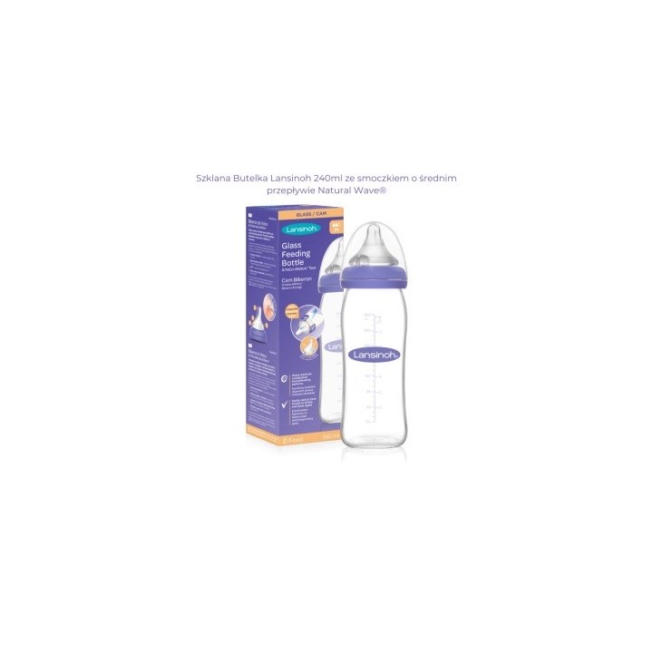 LANSINOH Szklana Butelka 240 ml ze smoczkiem o średnim przepływie Natural Wave