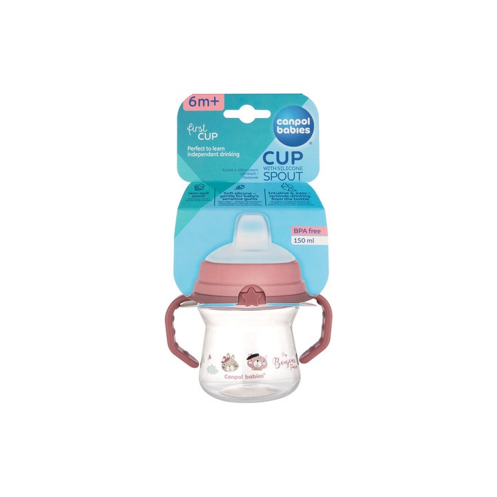 CANPOL BABIES Kubek z silikonowym ustnikiem FirstCup 150ml BONJOUR PARIS 56/612 pink