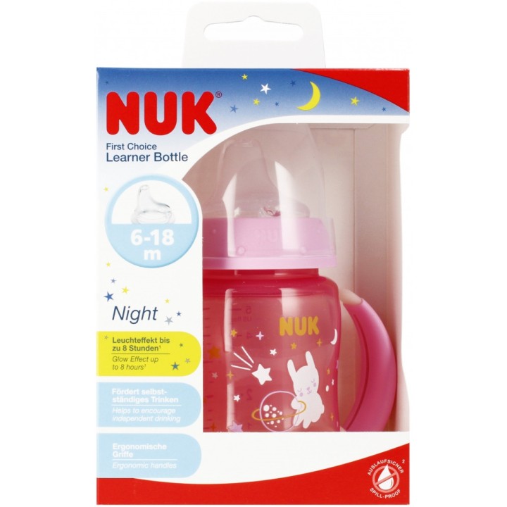 NUK Butelka First Choice NIGHT z podwójnym uchwytem, 6 - 18 miesięcy, 150ml, miękki silikonowy ustnik niekapek