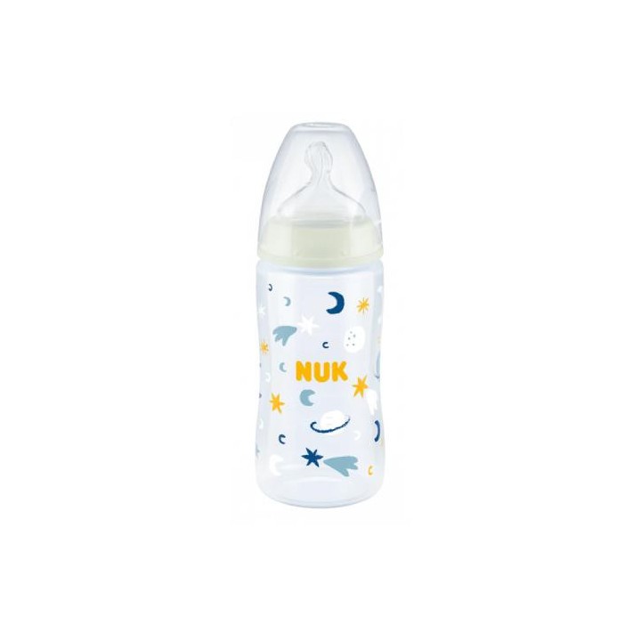 NUK FC+NIGHT Butelka ze wskaźnikiem temperatury, smoczek silikonowy rozm. M (6-18 m), Księżyc/Gwiazdki, 300ml