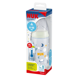 NUK FC+NIGHT Butelka ze wskaźnikiem temperatury, smoczek silikonowy rozm. M (6-18 m), Księżyc/Gwiazdki, 300ml