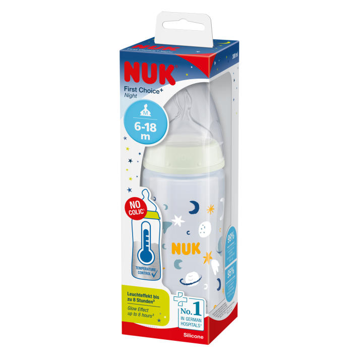 NUK FC+NIGHT Butelka ze wskaźnikiem temperatury, smoczek silikonowy rozm. M (6-18 m), Księżyc/Gwiazdki, 300ml