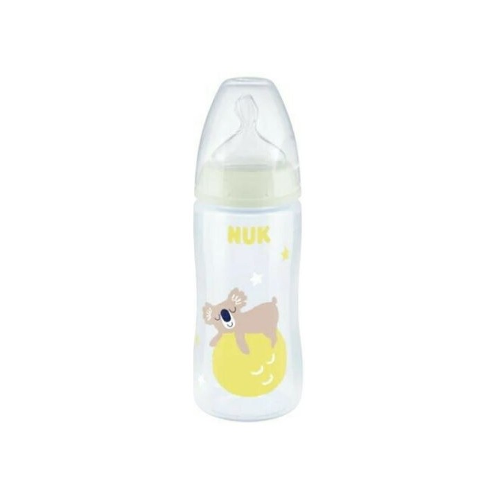 NUK FC+NIGHT Butelka ze wskaźnikiem temperatury, smoczek silikonowy rozm. M (6-18 m), MIŚ, 300ml