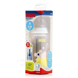 NUK FC+NIGHT Butelka ze wskaźnikiem temperatury, smoczek silikonowy rozm. M (6-18 m), MIŚ, 300ml