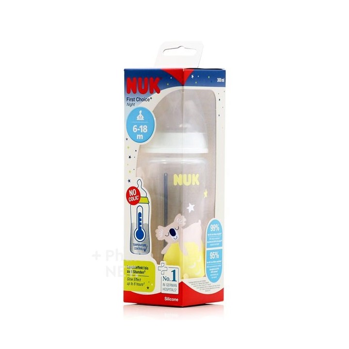 NUK FC+NIGHT Butelka ze wskaźnikiem temperatury, smoczek silikonowy rozm. M (6-18 m), MIŚ, 300ml