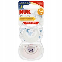 NUK Smoczek uspokajający silikonowy, rozmiar 0-6 m, Star, Day&Night, zestaw 2 sztuk