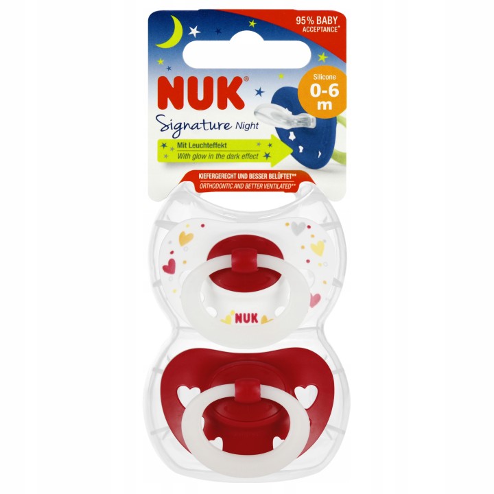NUK Smoczek uspokajający silikonowy, rozmiar 0-6 m, SIGNATURE, Day&Night, zestaw 2 sztuk