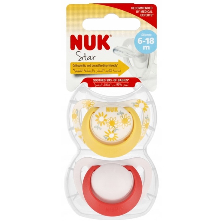 NUK Smoczek uspokajający silikonowy, rozmiar 6-18 m, Star, zestaw 2 sztuk