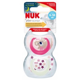 NUK Smoczek uspokajający silikonowy, rozmiar 6-18 m, STAR, Day&Night, zestaw 2 sztuk