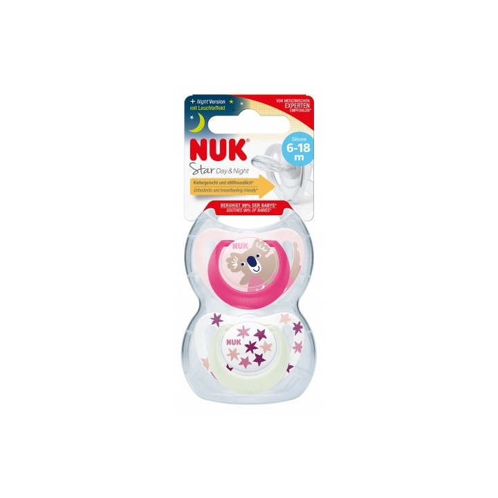 NUK Smoczek uspokajający silikonowy, rozmiar 6-18 m, STAR, Day&Night, zestaw 2 sztuk
