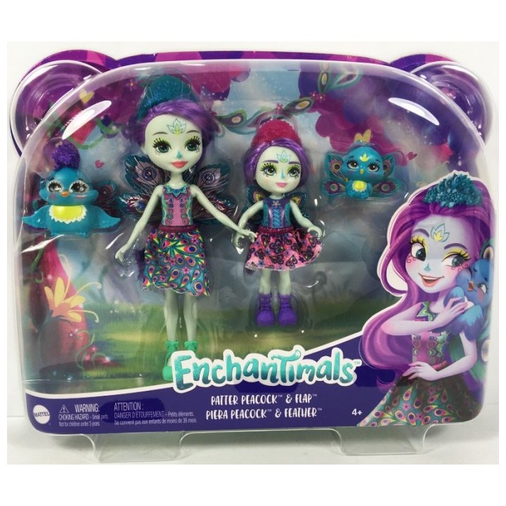 ENCHANTIMALS Lalka SIOSTRY Patter i Piera + ZWIERZĄTKA, PAWIE HCF79